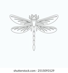 Dragonfly ilustração vetorial, desenhado à mão, isolado em um fundo branco, elementos isolados em um fundo branco. Libélula estilizada. Vetor. Desenho em uma linha. Imagem em preto e branco. Libélula