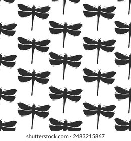 Dragonfly. Vector illustration. Monochrome seamless pattern. Dragonfly spot ornament. Predatory flying insect for background, packaging, textile, wallpaper