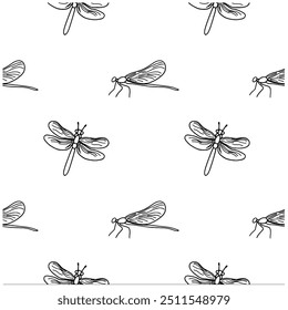 Libélula. Ilustración vectorial. Patrón monocromático sin costuras. Adorno de punto de libélula. Insecto volador depredador para el fondo, empaquetado, materia textil, Fondo de pantalla
