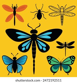 Dragonfly vector illustration set, Butterfly, Bee, Dragonfly, Summer Natural Creatures