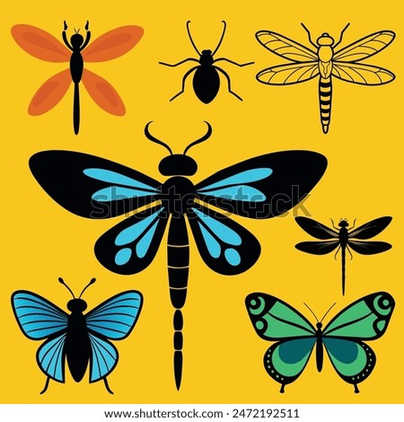 Dragonfly vector illustration set, Butterfly, Bee, Dragonfly, Summer Natural Creatures