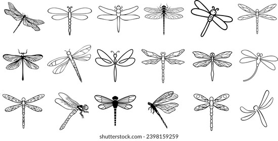 Dragonfly vector illustration set, hand-drawn, isolated on a white background. Collection of 18 unique dragonflies, High-quality, detailed sketches capturing the beauty of these summer insects