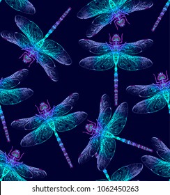 Dragonfly. Vector Seamless Pattern. Dark blue backgrounds. Summer night.