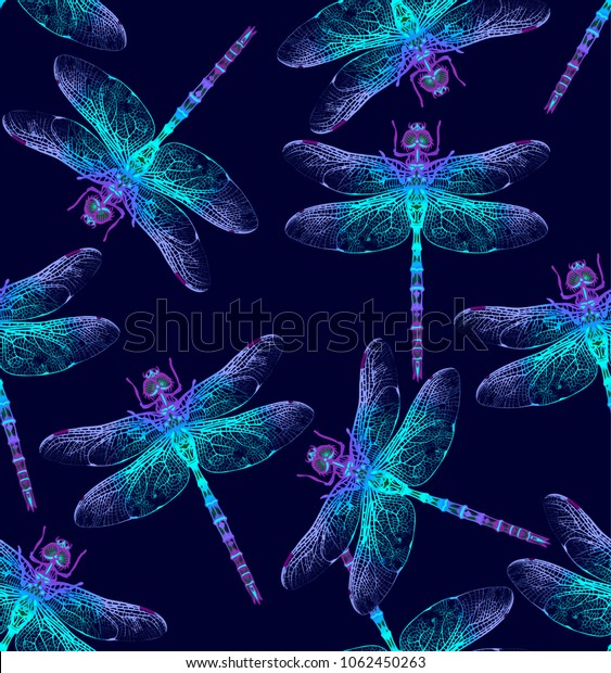 Dragonfly. Vector Seamless Pattern. Dark blue backgrounds. Summer night.