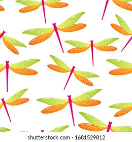 Dragonfly vintage seamless pattern. Repeating clothes fabric print with flying adder insects. Isolated water dragonfly vector wallpaper. Wildlife breathers seamless. Damselfly butterflies.