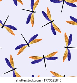 Dragonfly vintage seamless pattern. Repeating clothes textile print with flying adder insects. Flying water dragonfly vector illustration. Wildlife breathers seamless. Damselfly silhouettes.