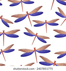 Dragonfly vintage seamless pattern. Repeating dress textile print with flying adder insects. Flying water dragonfly vector background. Nature breathers seamless. Damselfly silhouettes.