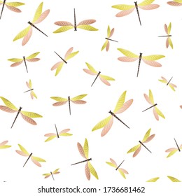 Dragonfly vintage seamless pattern. Spring dress fabric print with damselfly insects. Garden water dragonfly vector background. Nature breathers seamless. Damselflies with wings.