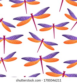Dragonfly vintage seamless pattern. Summer dress textile print with darning-needle insects. Graphic water dragonfly vector ornament. Wildlife creatures seamless. Damselfly bugs.