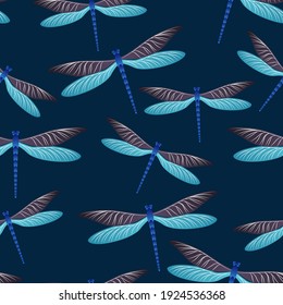 Dragonfly vintage seamless pattern. Summer dress textile print with flying adder insects. Isolated water dragonfly vector illustration. Wildlife organisms seamless. Damselfly silhouettes.