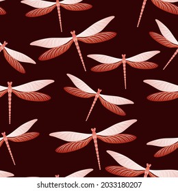 Dragonfly vintage seamless pattern. Summer clothes textile print with flying adder insects. Garden water dragonfly vector ornament. Nature organisms seamless. Damselfly bugs.