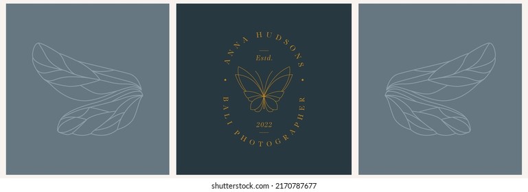 Dragonfly wings and butterfly logo templates in trendy linear style for jewelry for exclusive services and products, beauty and spa industry