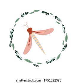 Dragonfly in a wreath of leaves and twigs. Vector illustration.