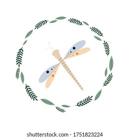 Dragonfly in a wreath of leaves and twigs. Vector illustration. Spring decor