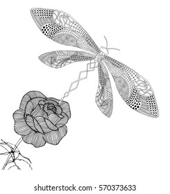 Dragonfly zentangle illustration on simple white background with rose
