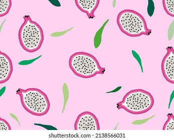 dragonfruit cartoon character seamless pattern on pink background.