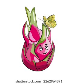 Dragonfruit character design with funny face and butterfly vector illustration 