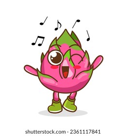 dragonfruit Fruit cartoon mascot character Listening music. Cute dragon fruit cartoon character dances to music
