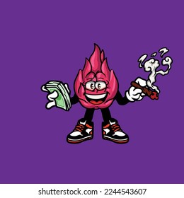 caricatura de personaje de vector de dragón mascota fumando burro de brote de flor de maleza nug cannabis y dinero