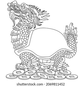 Dragon-headed Turtle or Tortoise sitting on a lot of coins. Mythological Chinese creature. Celestial Feng Shui animal. Side view. Black and white outline vector illustration