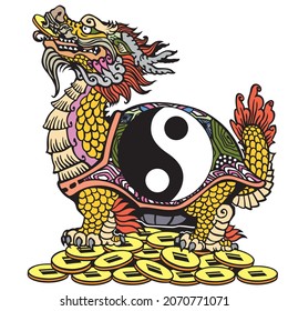 Dragon-headed Turtle or Tortoise sitting on a lot of coins. Mythological Chinese creature. Celestial Feng Shui animal and yin yang symbol. Side view. Vector illustration