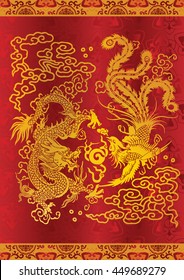 Dragon&Phoenix in classical chinese art and literature are as metaphor for people of rare talent or, for matrimonial harmony or happy marriage. The vector illustration  may be scaled without loss