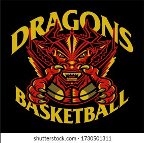 dragons basketball team design with ball and mascot for school, college or league