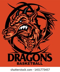 dragons basketball team design with mascot inside ball for school, college or league