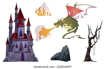 Respiro y fuego de Dragón, castillo, árboles - conjunto de dibujos animados. Personajes fantásticos, palacios mágicos, objetos naturales, imágenes de cuentos de hadas para libros o juegos de ordenador, iconos vectoriales aislados en fondo blanco