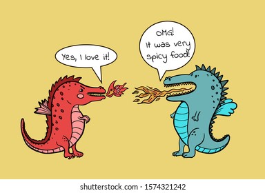 dragons breathe with fire and ate spicy food, funny illustration,