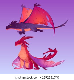 Dragons cartoon characters. Fantasy magic creatures breathing with fire, funny mascot with horns, wings and yellow eyes. Fairytale flying animals, book or computer game personages, vector illustration