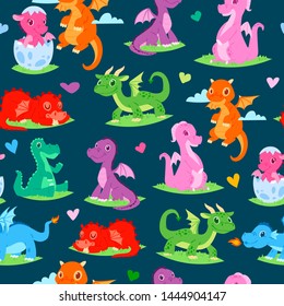 Dragons children seamless pattern vector illustration. Cartoon funny dragons with wings. Fairy dinosaurs sitting on lawn grass. Character hatching from egg. Magical dinos flying in sky.