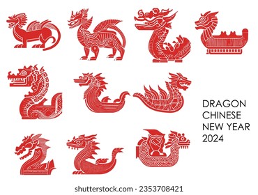 Dragons chinese new year 2024 icon set. Red dragon logo illustrator traditional. Dragon dance logo icon art vector.