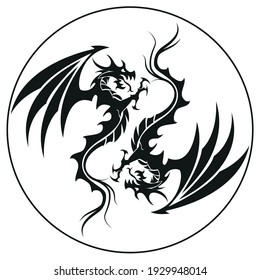 Dragons in a circle - Dragon symbol tattoo, black and white vector illustration, isolated on white background