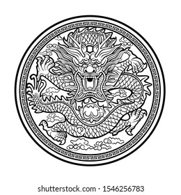 Dragons and clouds are surrounded by circles. Traditional Asian Dragon. Chinese black and white dragon