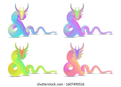 Dragons Colorful Set On White Background. Beautiful Art. Azure Dragon. Vector Stock Illustration.