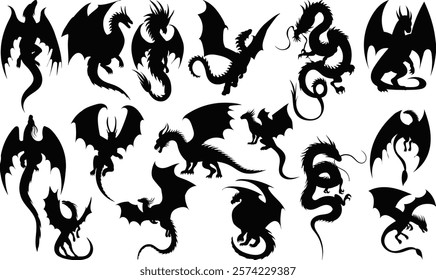 dragons in different poses silhouette set, vector collection