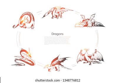 Dragons - different types of dragons vector concept set. Hand drawn sketch isolated illustration