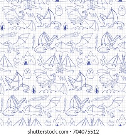 Dragons doodle hand drawn seamless pattern. Wallpaper of children sketch fantasy animals on squared background.