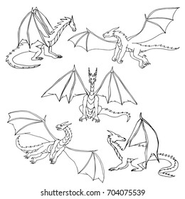 Dragons doodle hand drawn set. Children sketch fantasy animals.