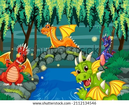 Dragons in enchanted forest background illustration