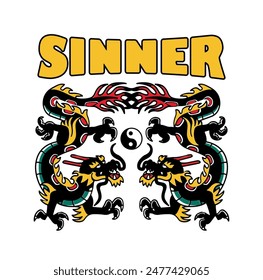 Dragons fight. Sinner fight. Yin yang dragons vector