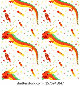 Dragons and fireworks flat vector festive seamless pattern. Asian annual festival celebration background. Oriental holiday wrapping paper design