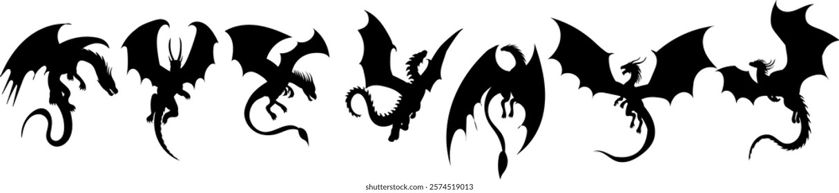 dragons flying set silhouette on white background vector