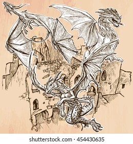 DRAGONS flying upon the old Castle, Ruins. Freehand sketching, line drawing. An hand drawn vector illustration. Colored background is isolated. Line drawing technique. Vector is easy editable.