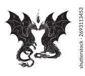 Dragons folklore magic animals isolated hand drawn line art gothic tattoo design isolated vector illustration