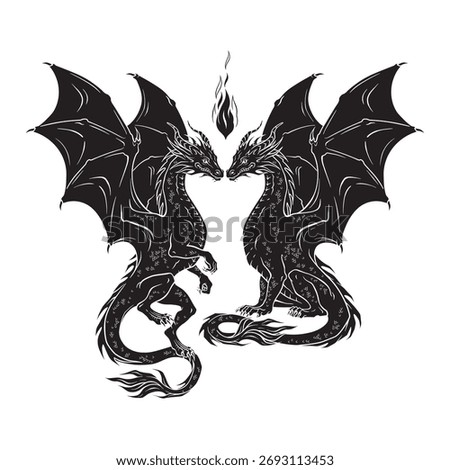 Dragons folklore magic animals isolated hand drawn line art gothic tattoo design isolated vector illustration
