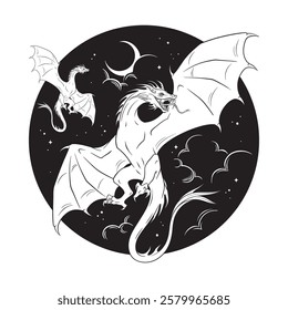 Dragons folklore magic animals over night sky with crescent moon and stars hand drawn line art gothic tattoo design isolated vector illustration