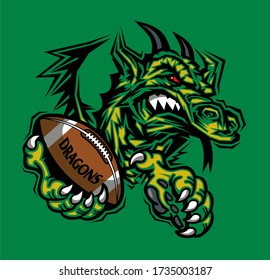 dragons football team mascot holding ball in claw for school, college or league
