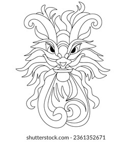 Dragon's head outline. Hand drawn green dragon head in doodle style. Isolated on white background. Dragon's mask. Vector illustraiton.